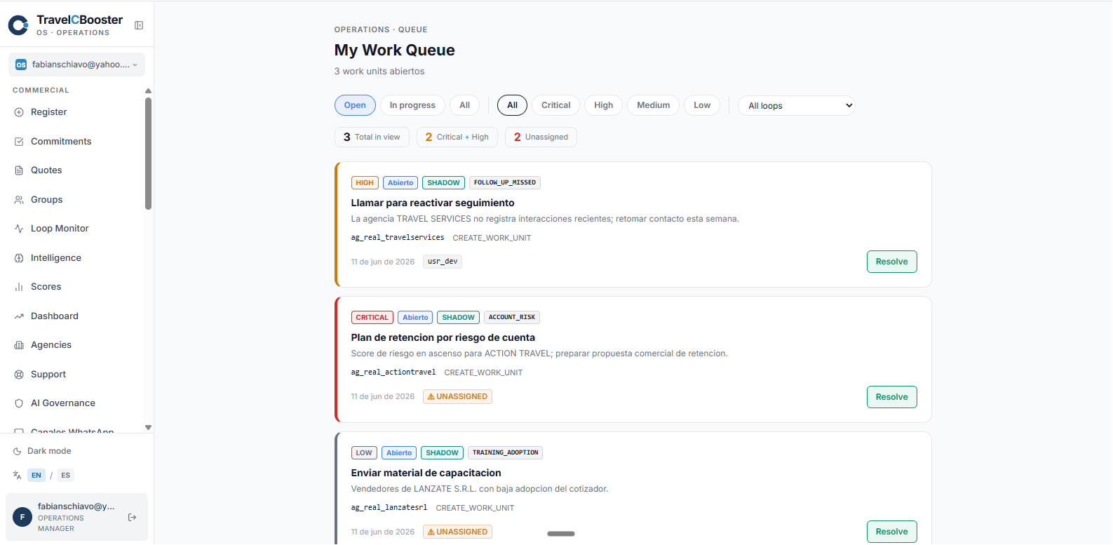 TravelCBooster OS — My Work Queue